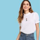 Shein Embroidered Ruffle Detail Puff Sleeve Top