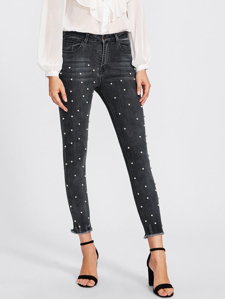 Shein Raw Hem Faux Pearl Detail Jeans