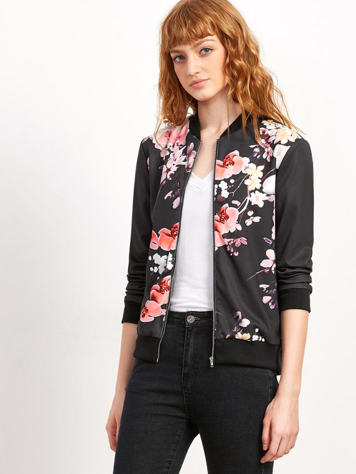 Shein Black Flower Print Ribbed Trim Bomber Jacket