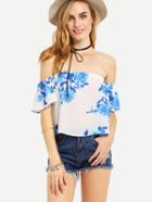 Shein Off-the-shoulder Flower Print Top - Blue