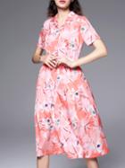 Shein Pink V Neck Floral Belted A-line Dress