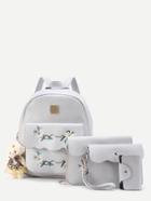 Shein Flower Embroidery And Bear Decorated Pu Backpack Set 4pcs