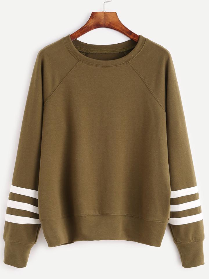 Shein Olive Green Varsity Striped Sleeve Sweatshirt