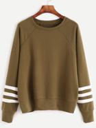 Shein Olive Green Varsity Striped Sleeve Sweatshirt