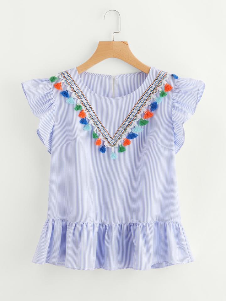 Shein Tasseled Embroidered Tape Detail Frilled Top