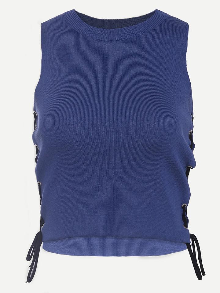 Shein Blue Lace-up Knit Sleeveless Crop Top