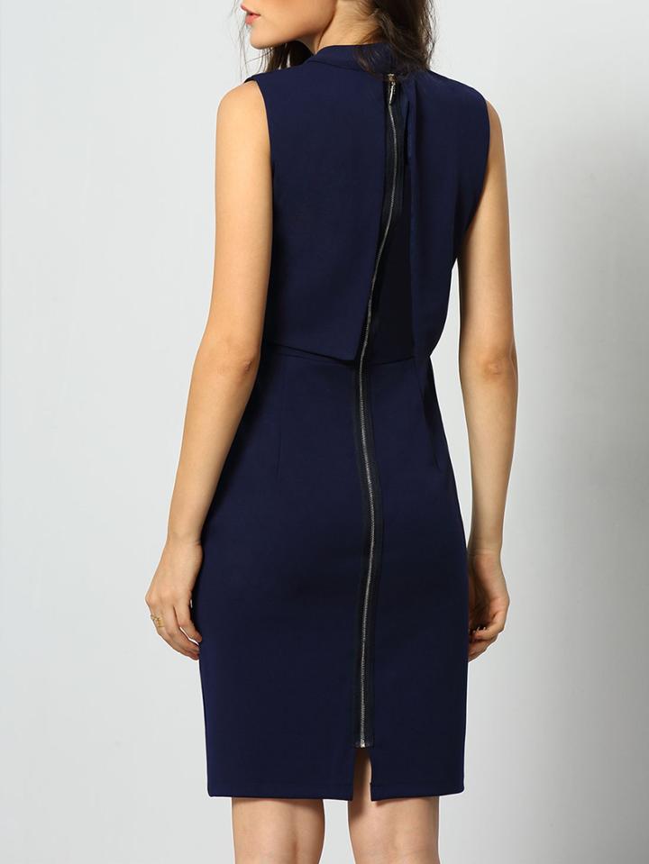 Shein Navy Stand Collar Sleeveless Zipper Dress