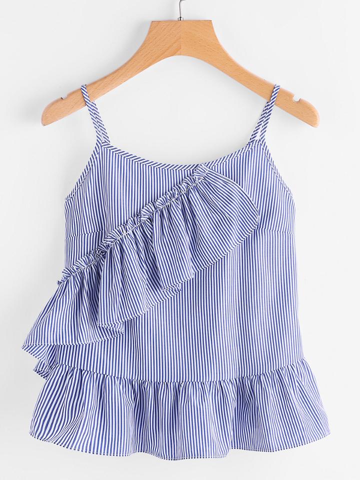 Shein Vertical Striped Frill Trim Peplum Cami Top