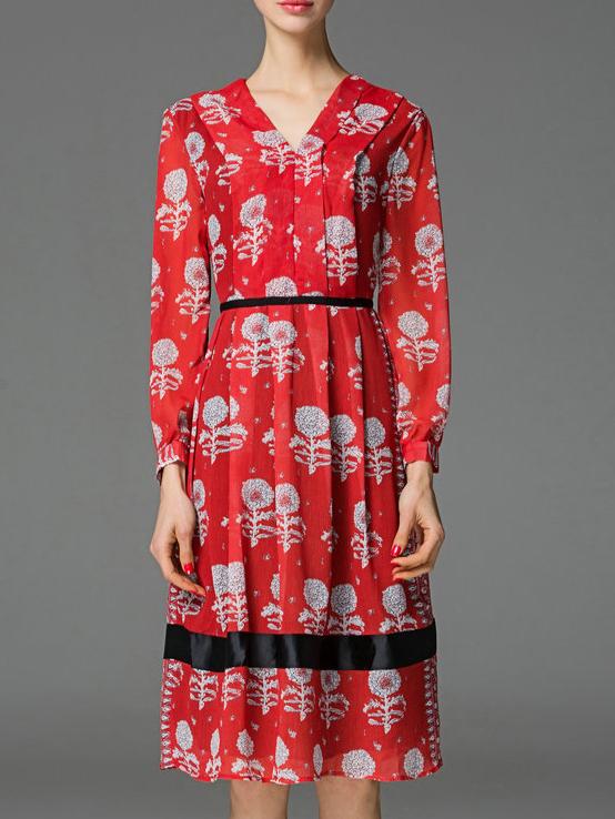 Shein Red V Neck Pleated A-line Dress
