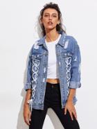 Shein Lace Up Detail Front Ripped Denim Jacket