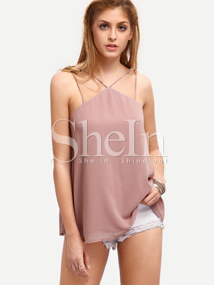 Shein Pink Spaghetti Strap Chiffon Hollow Tank Top