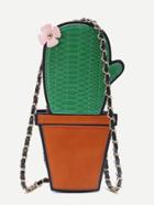 Shein Green Cactus Shape Pu Shoulder Bag With Flower