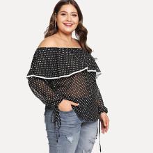Shein Plus Polka Dot Ruffle Trim Knot Sleeve Sheer Blouse