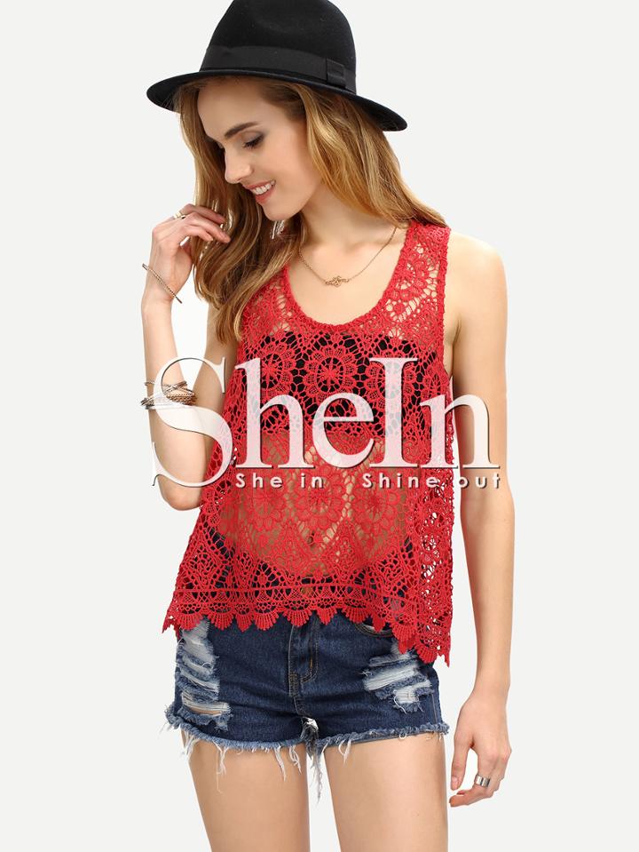 Shein Scalloped Hem Slit Back Lace Tank Top