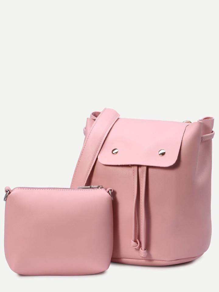 Shein Pink Faux Leather Drawstring Flap Backpack With Clutch