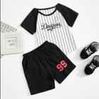 Shein Boys Letter Print Striped Tee With Shorts