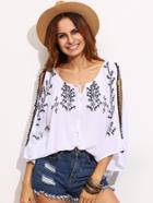 Shein White Split Shoulder Tie Neck Embroidered Blouse