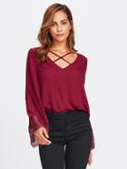 Shein Crisscross Front Lace Trim Fluted Sleeve Top