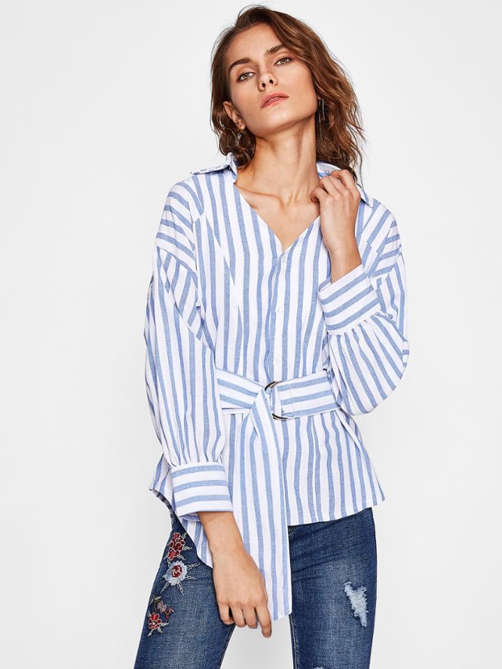 Shein D-ring Belt Detail Dolphin Hem Striped Blouse