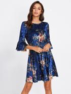 Shein Trumpet Sleeve Elastic Waist Floral Velvet Dress