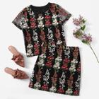 Shein Flower Embroidery Mesh Overlap Top & Skirt Set