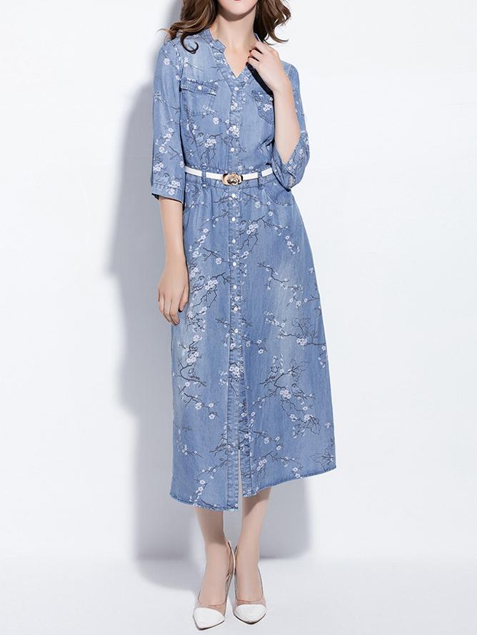Shein Blue V Neck Belted Floral Denim Dress