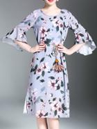 Shein Bell Sleeve Flowers Print Split Dress