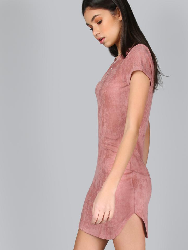 Shein Pink Short Sleeve Curved Hem Bodycon Dress