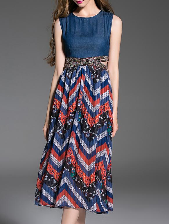 Shein Blue Beading Cut Out Print Combo Dress