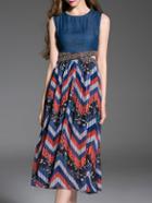 Shein Blue Beading Cut Out Print Combo Dress