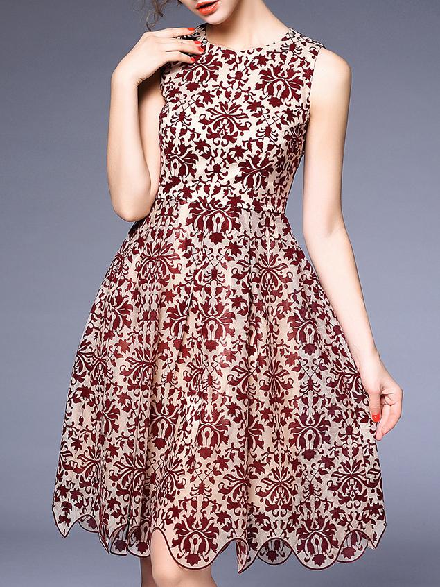 Shein Nude Crew Neck Vintage Print Scallop Dress