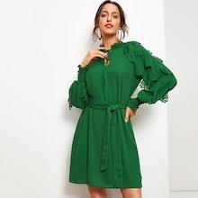 Shein Tie Neck Shirred Panel Laser Cut Dress