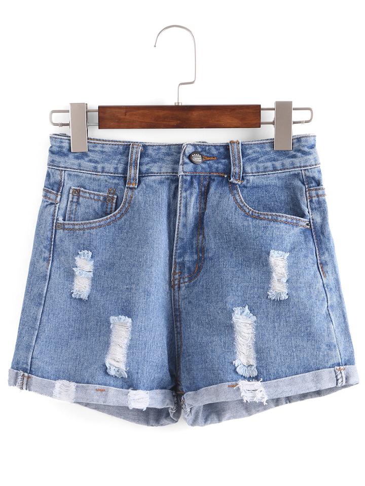 Shein Distressed Rolled Hem Blue Denim Shorts