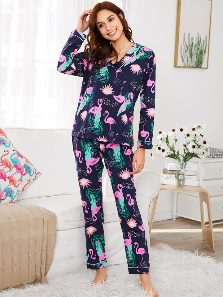 Shein Flamingo Print Top & Pants Pj Set