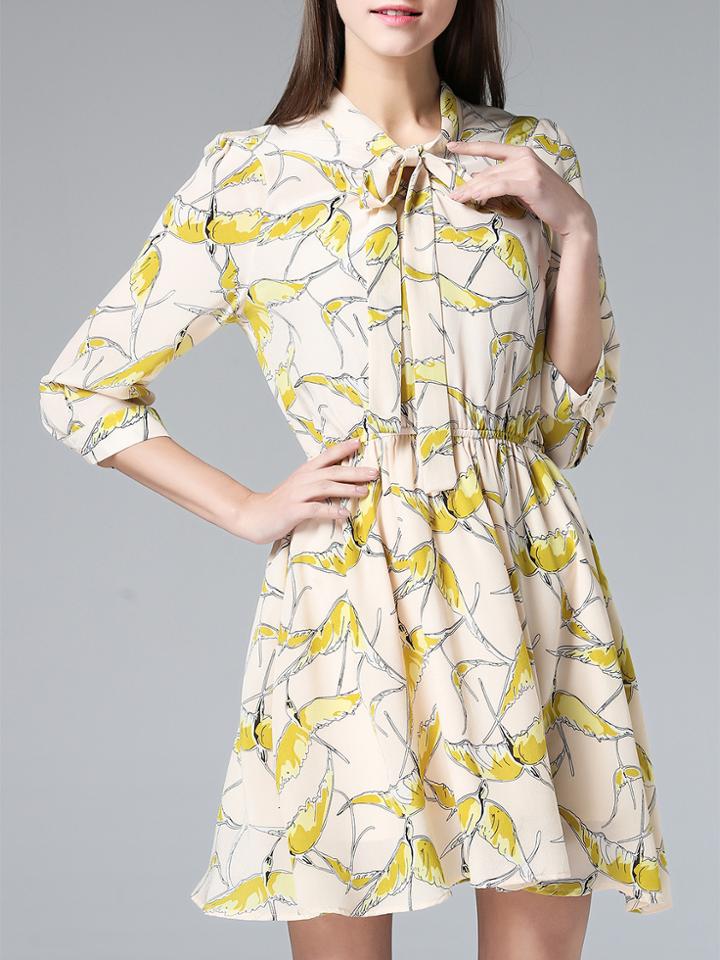 Shein Apricot Tie Neck Print A-line Dress