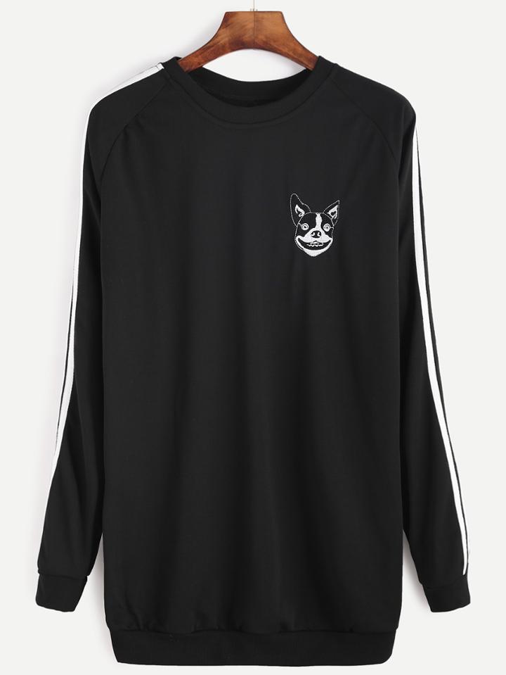 Shein Black Embroidered Raglan Sleeve Striped Trim Sweatshirt