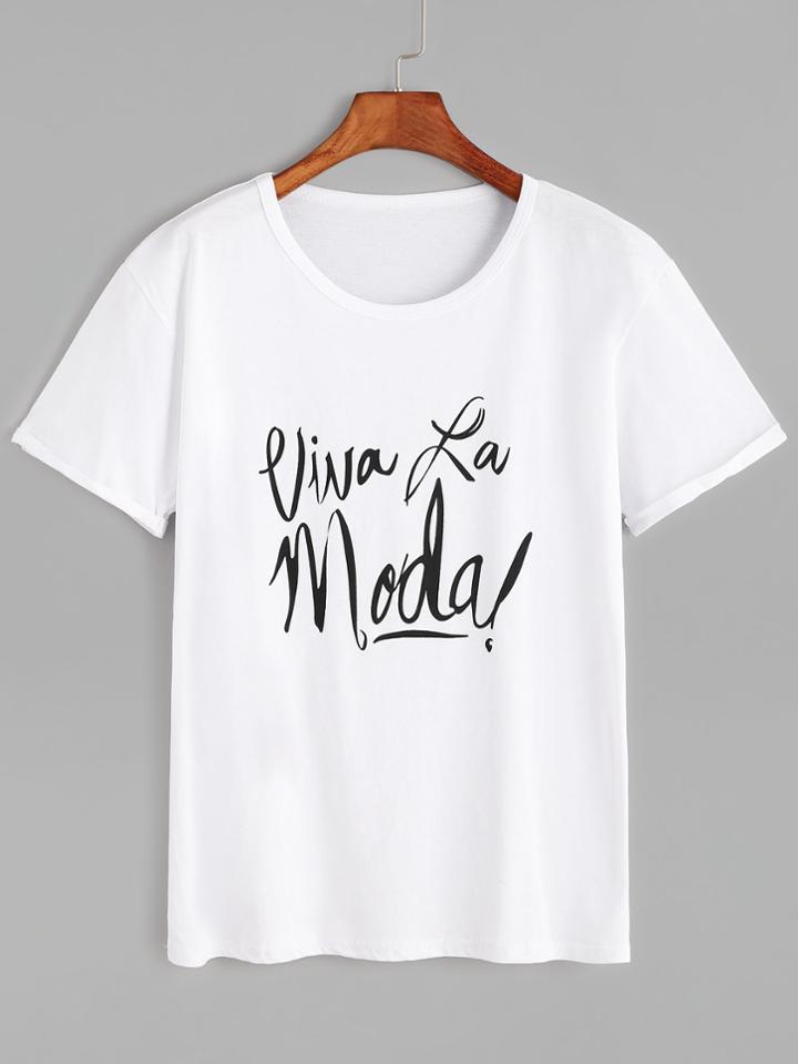 Shein White Letter Print Roll Cuff T-shirt