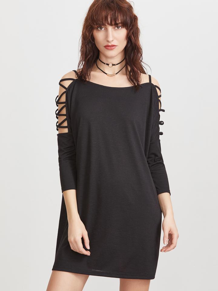 Shein Black Crisscross Cold Shoulder 3/4 Sleeve Dress