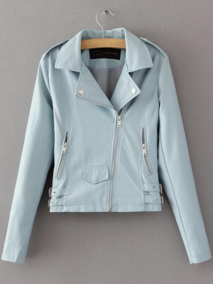 Shein Blue Oblique Zipper Pu Jacket With Buckle