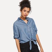 Shein Knot Button Front Pocket Denim Top