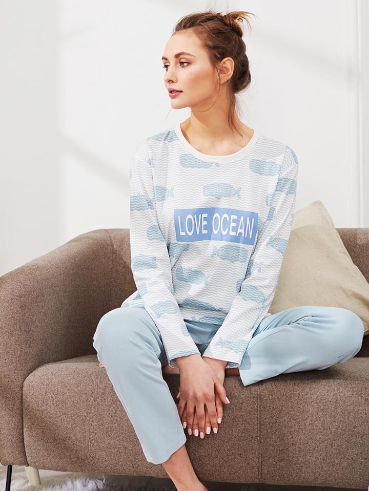 Shein Letter & Fish Print Tee & Pants Pj Set
