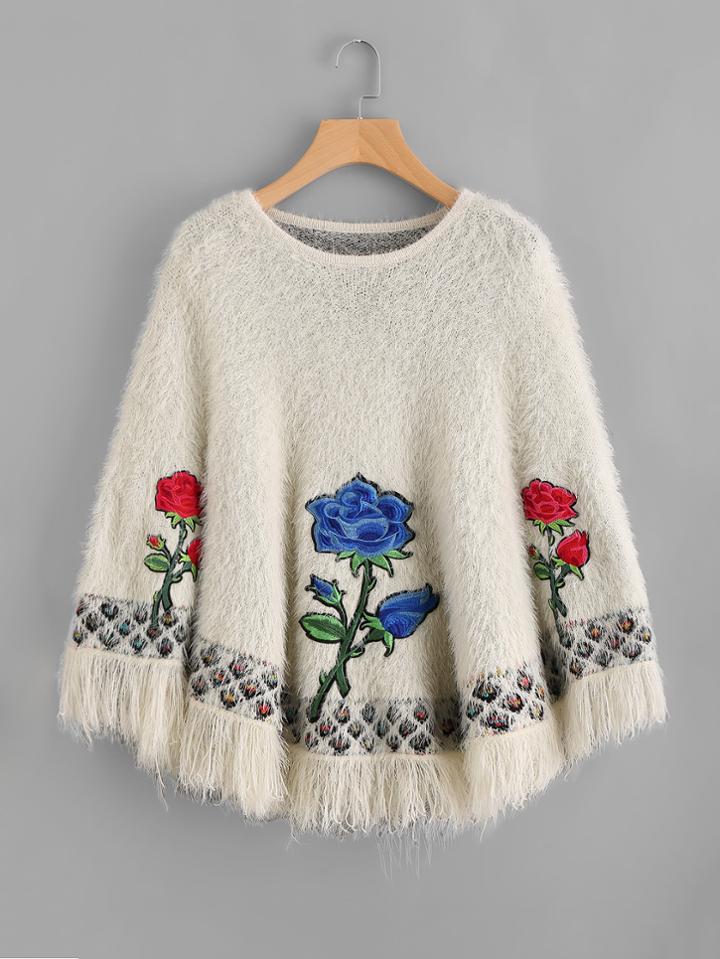 Shein Embroidered Flower Applique Fringe Trim Fuzzy Poncho Jumper