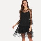 Shein Ruffle Trim Dot Mesh Dress With Longline Cami