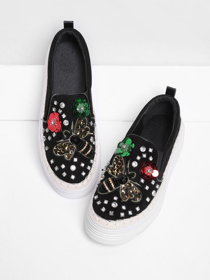 Shein Rhinestone Flower & Bee Low Top Sneakers