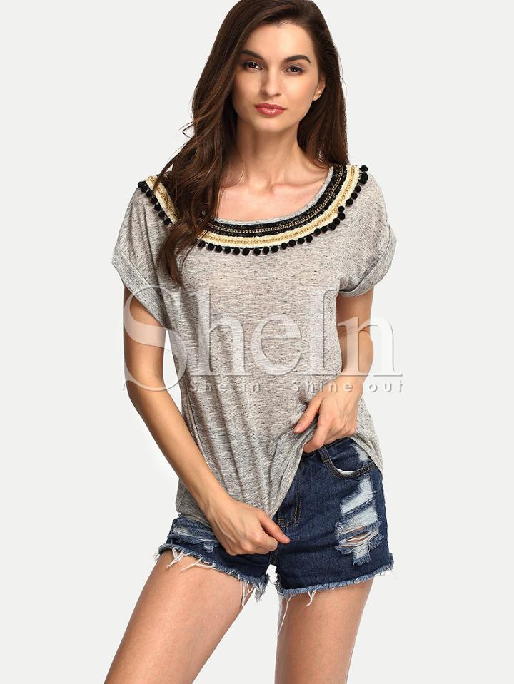 Shein Grey Short Sleeve Pom Pom Trim T-shirt