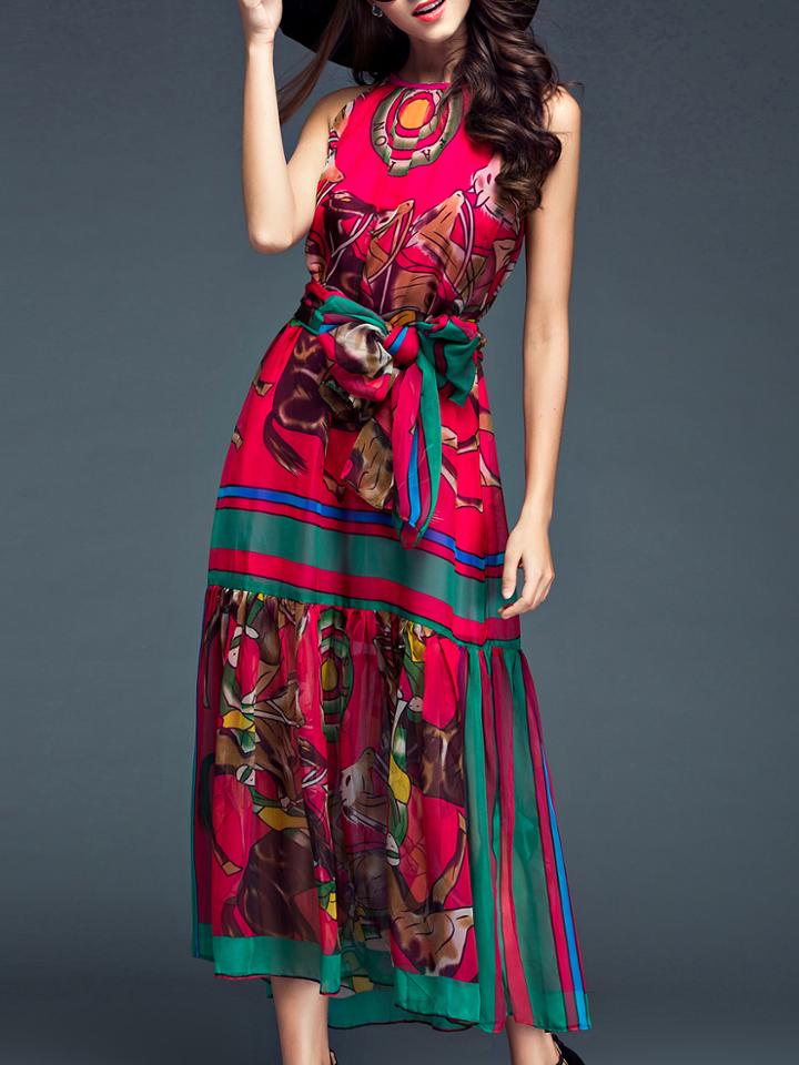 Shein Red Halter Tie-waist Print Dress
