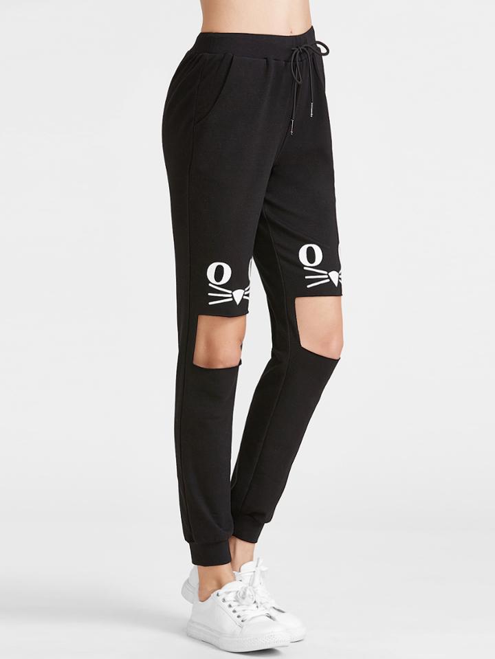 Shein Black Cat Print Open Knee Sweatpants