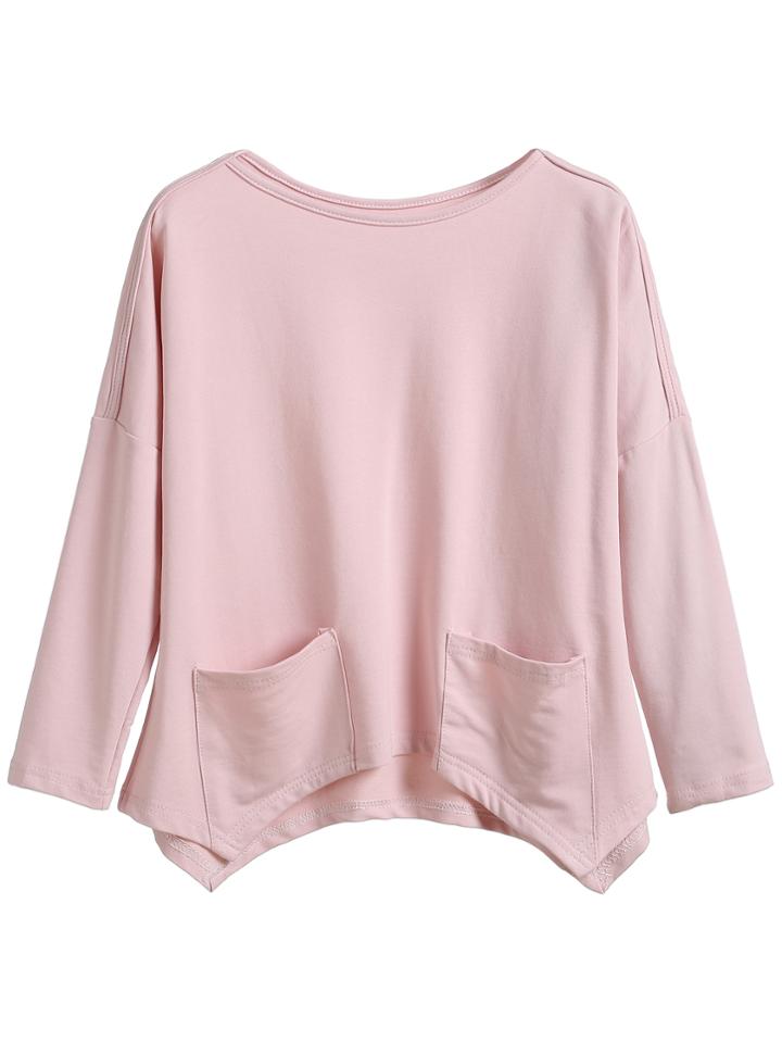 Shein Pink Drop Shoulder Pockets Hem Asymmetric T-shirt