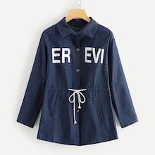 Shein Letter Print Drawstring Denim Coat