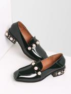 Shein Dark Green Pearl Studded Patent Leather Low Heel Loafers